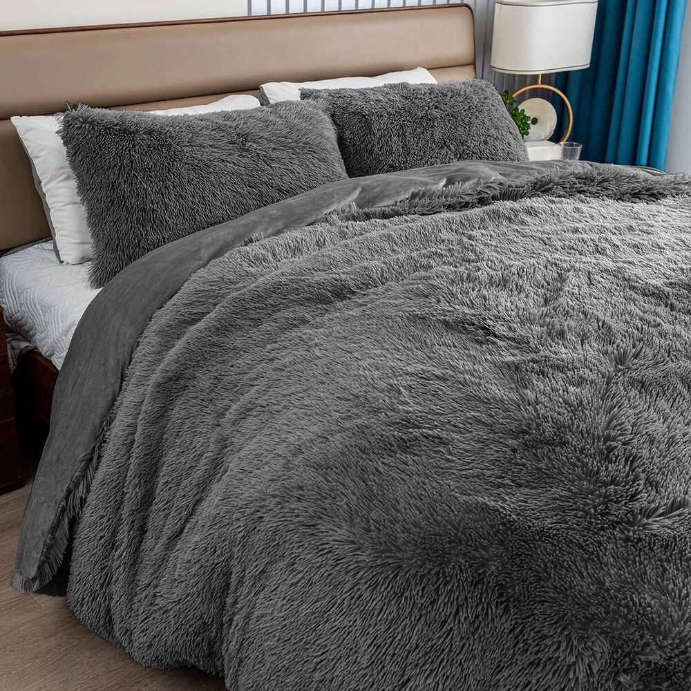 Queen Size Shaggy Duvet Cover Set, Cozy Faux Fur Crystal Velvet Fluffy Set, Gray